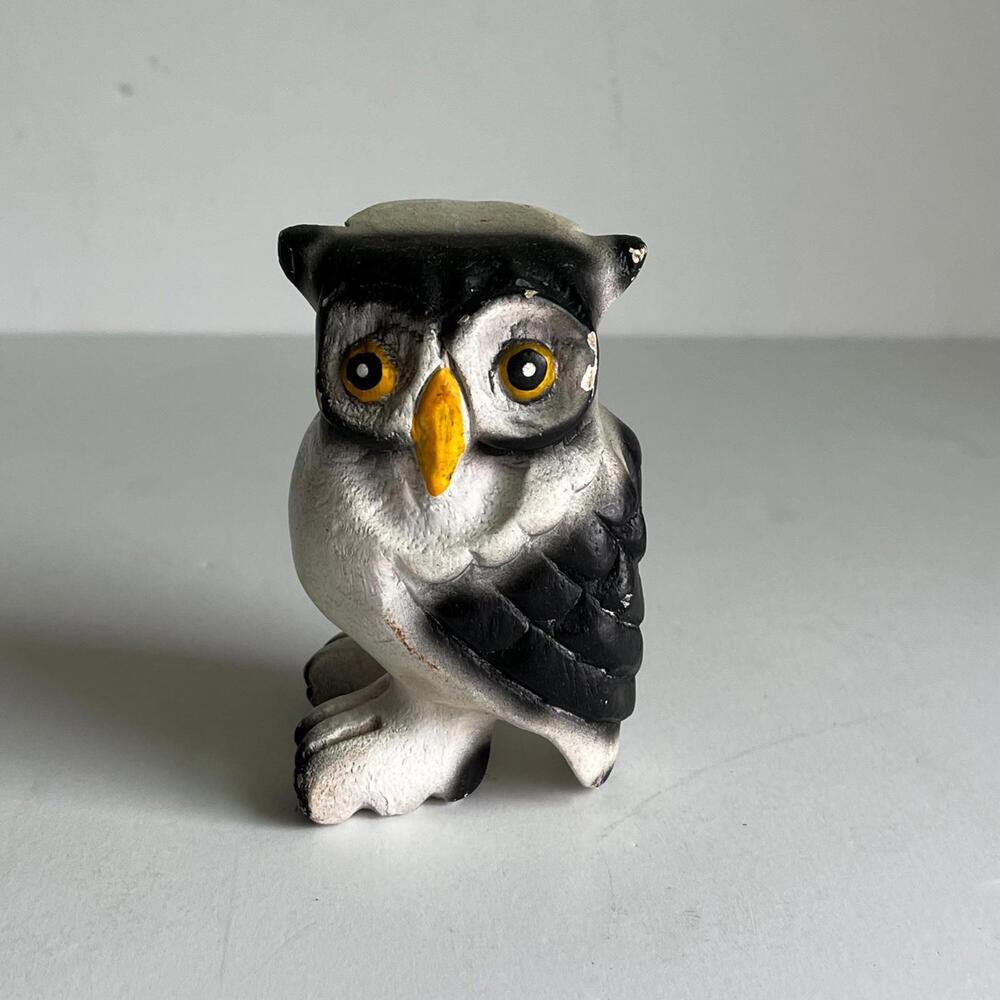Vintage 1970s Painted Musical Whistle Owl, Black & White with Yellow Eyes
